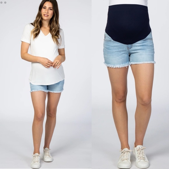 Pinkblush Light Wash Fringe Hem Maternity Denim Jean Shorts - Picture 9 of 9